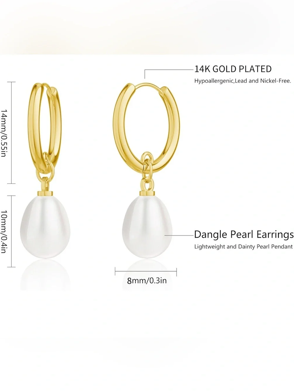 14K Gold Plated Huggie Earrings with White Pearl Drop